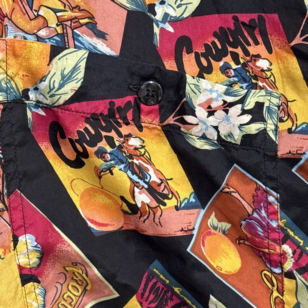 Summa Silk‎ Short Sleeve Button Down Vintage Shirt Size XL Fruit Crate Cowgirl